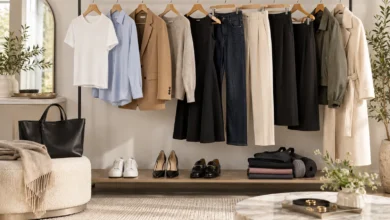 Types of Clothes every wardrobe needs, featuring timeless fashion essentials like shirts, blazers, jeans, trousers, dresses, and jackets