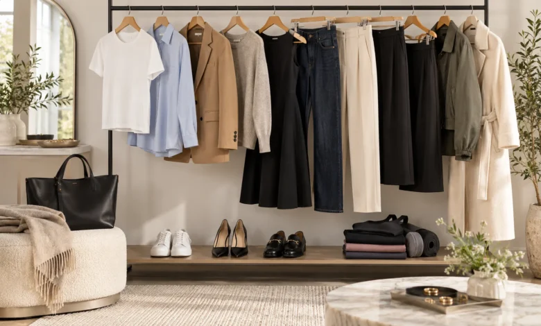 Types of Clothes every wardrobe needs, featuring timeless fashion essentials like shirts, blazers, jeans, trousers, dresses, and jackets