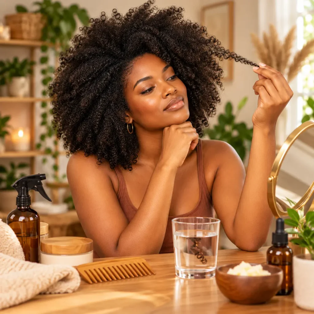 Black woman examining a strand of her 4C natural hair while learning about curl pattern, moisture needs, and hair porosity.