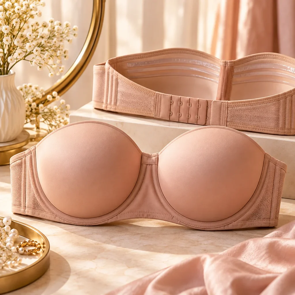 Nude underwire strapless bra with silicone grip, molded cups and supportive wide band for a secure fit.