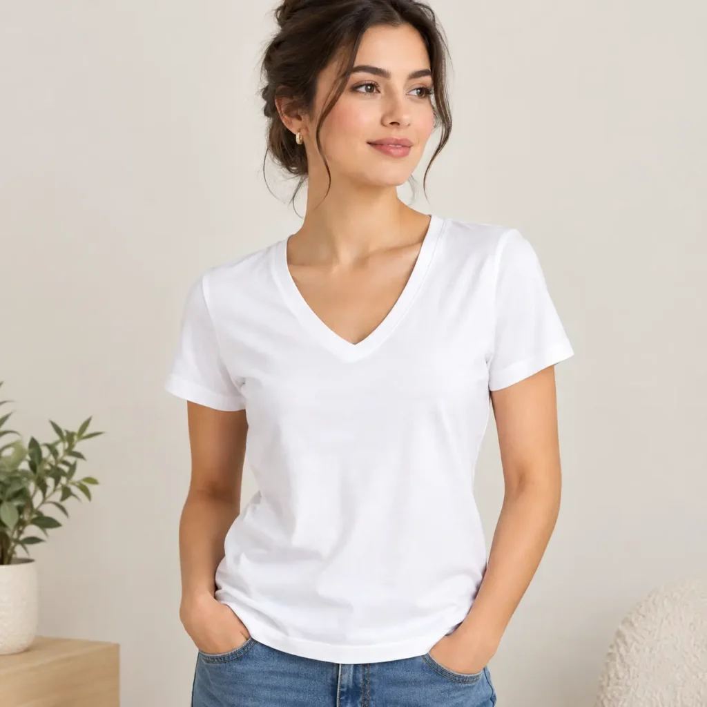 Woman wearing a classic white V-neck tee with blue jeans in a minimalist neutral interior