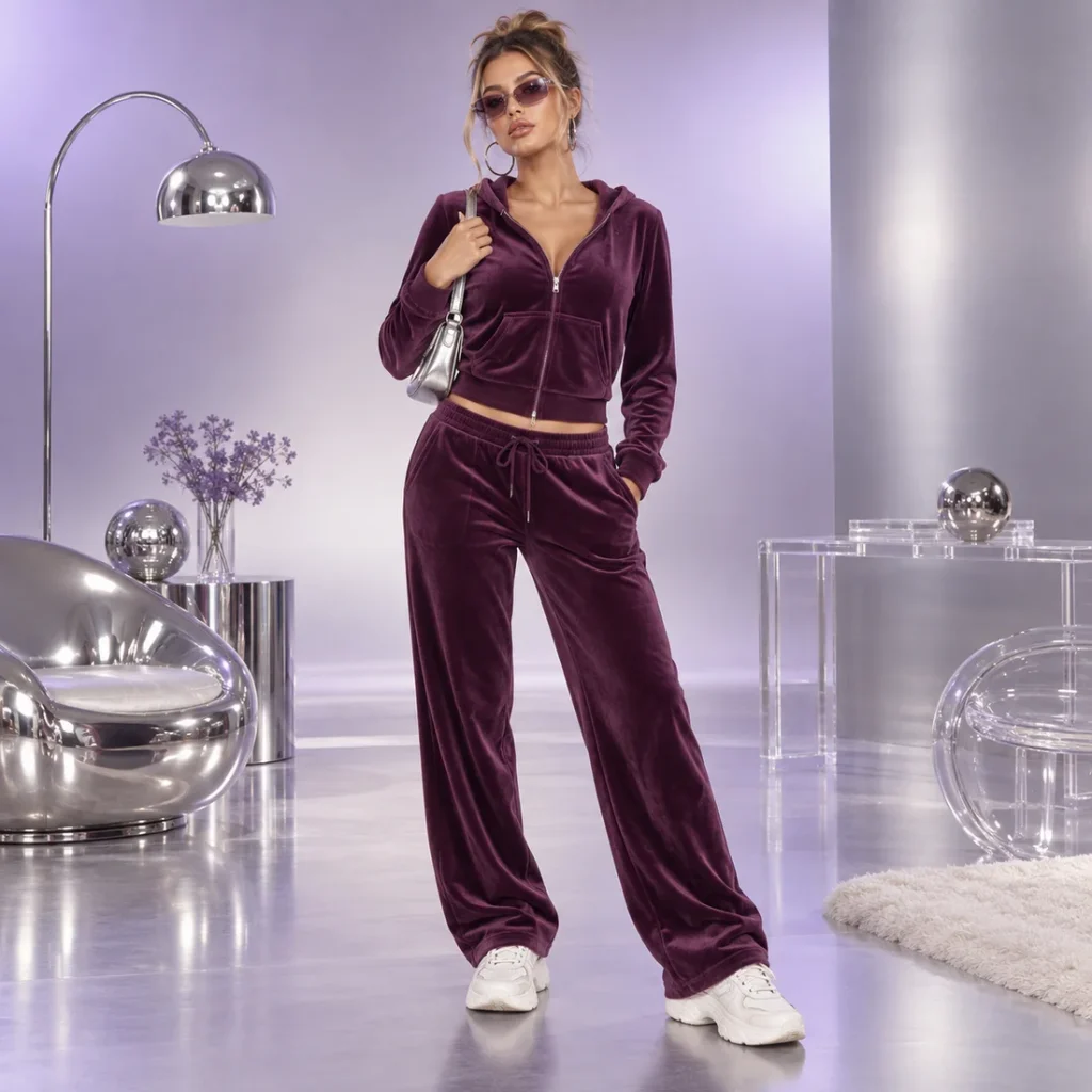 Woman wearing a plum velour tracksuit with white chunky sneakers
