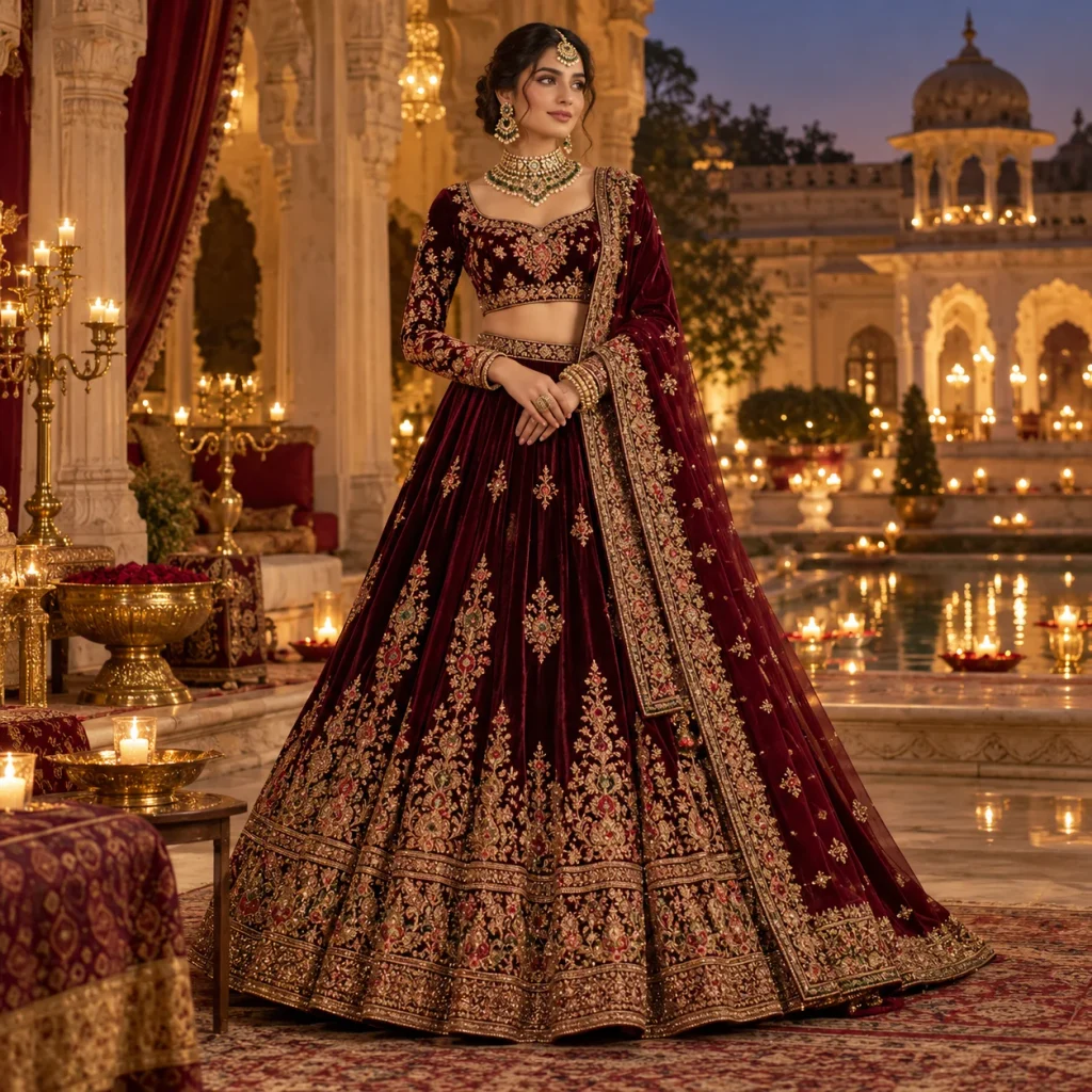 Luxurious velvet lehenga in deep maroon with gold embroidery for a winter wedding celebration