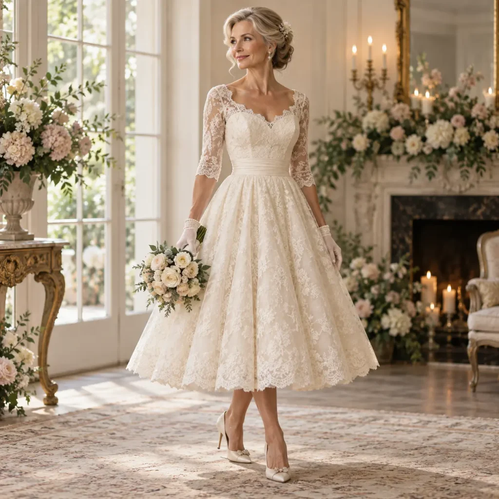 Mature bride wearing a vintage-inspired ivory lace midi wedding dress with three-quarter sleeves, full skirt, delicate accessories, and holding a floral bouquet in a romantic classic wedding setting.
