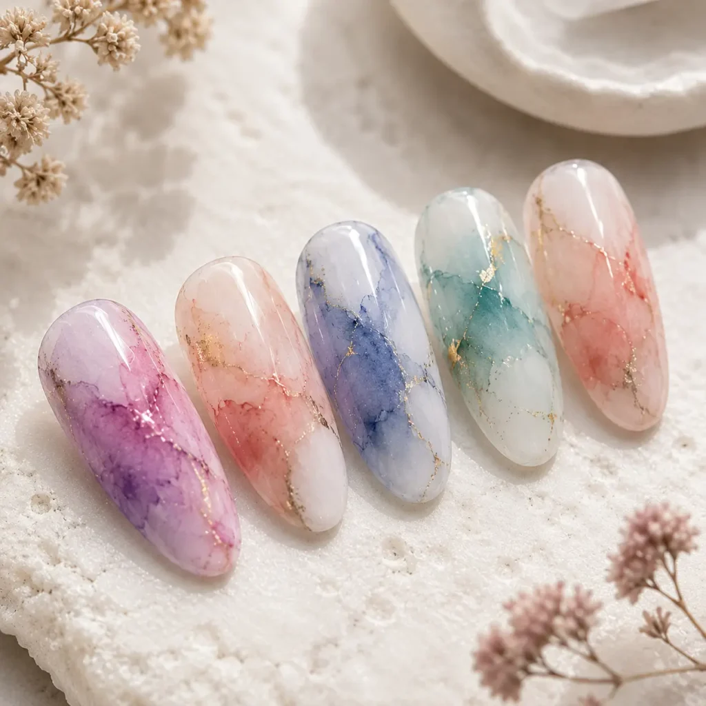 Watercolour wash blooming gel design with soft pastel purple, pink, blue, and mint colors on glossy nails