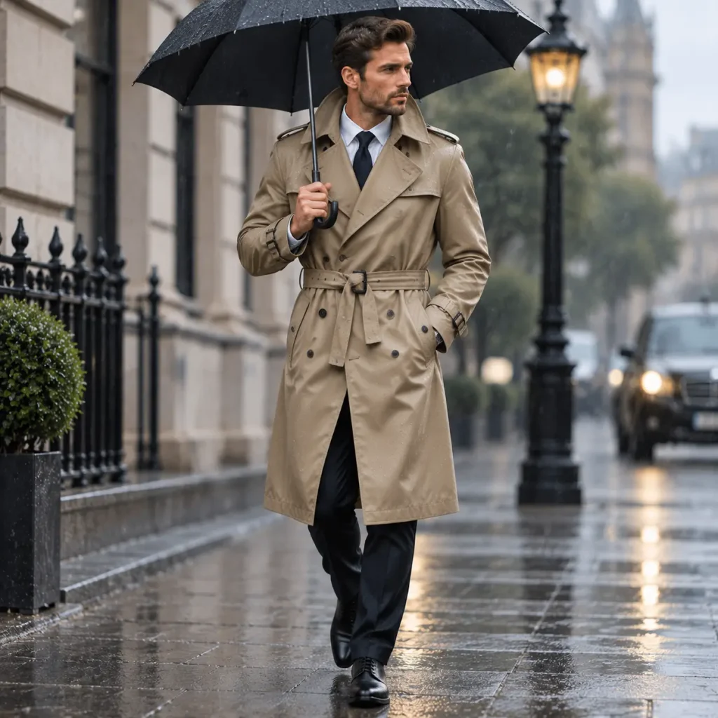 Waterproof beige trench coat worn during rainy weather with umbrella on a wet urban street