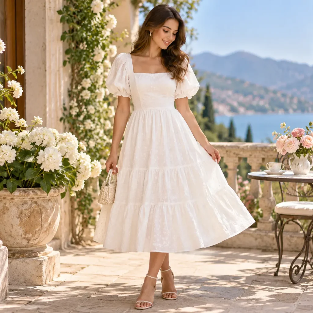White puff sleeve midi dress with romantic square neckline and flowing skirt in a garden setting