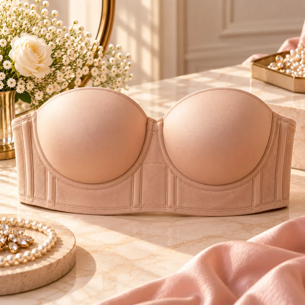 Nude wide-band strapless bra with smooth molded cups and structured support for a secure comfortable fit.