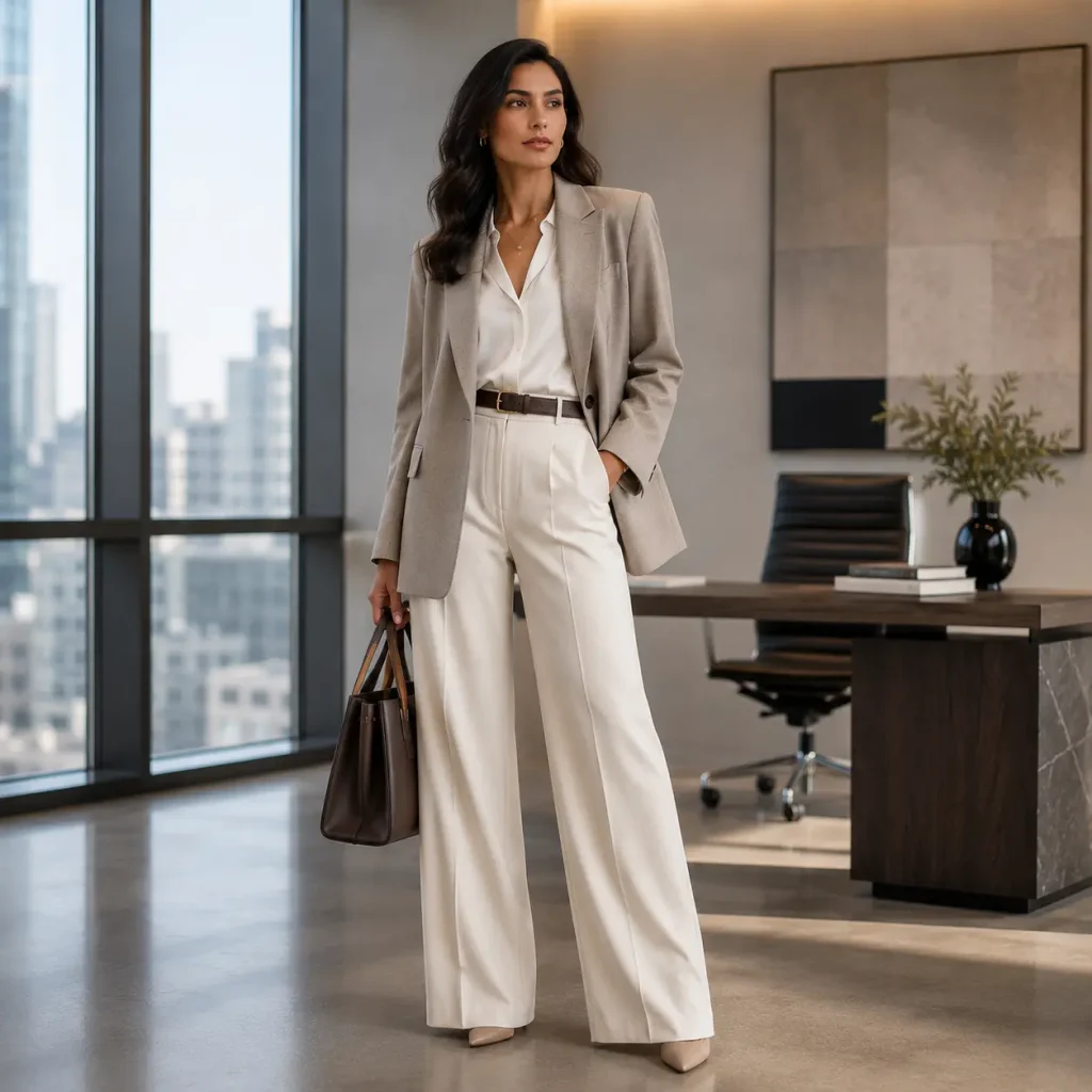 Woman wearing wide-leg cream trousers with a relaxed beige blazer and structured handbag