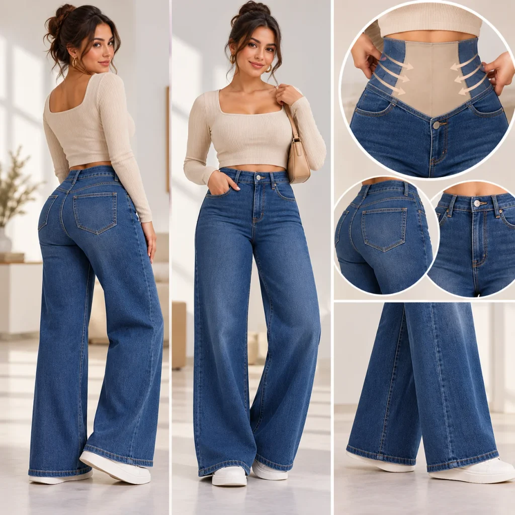 Woman modeling wide-leg tummy control jeans with a high-rise shaping waistband.