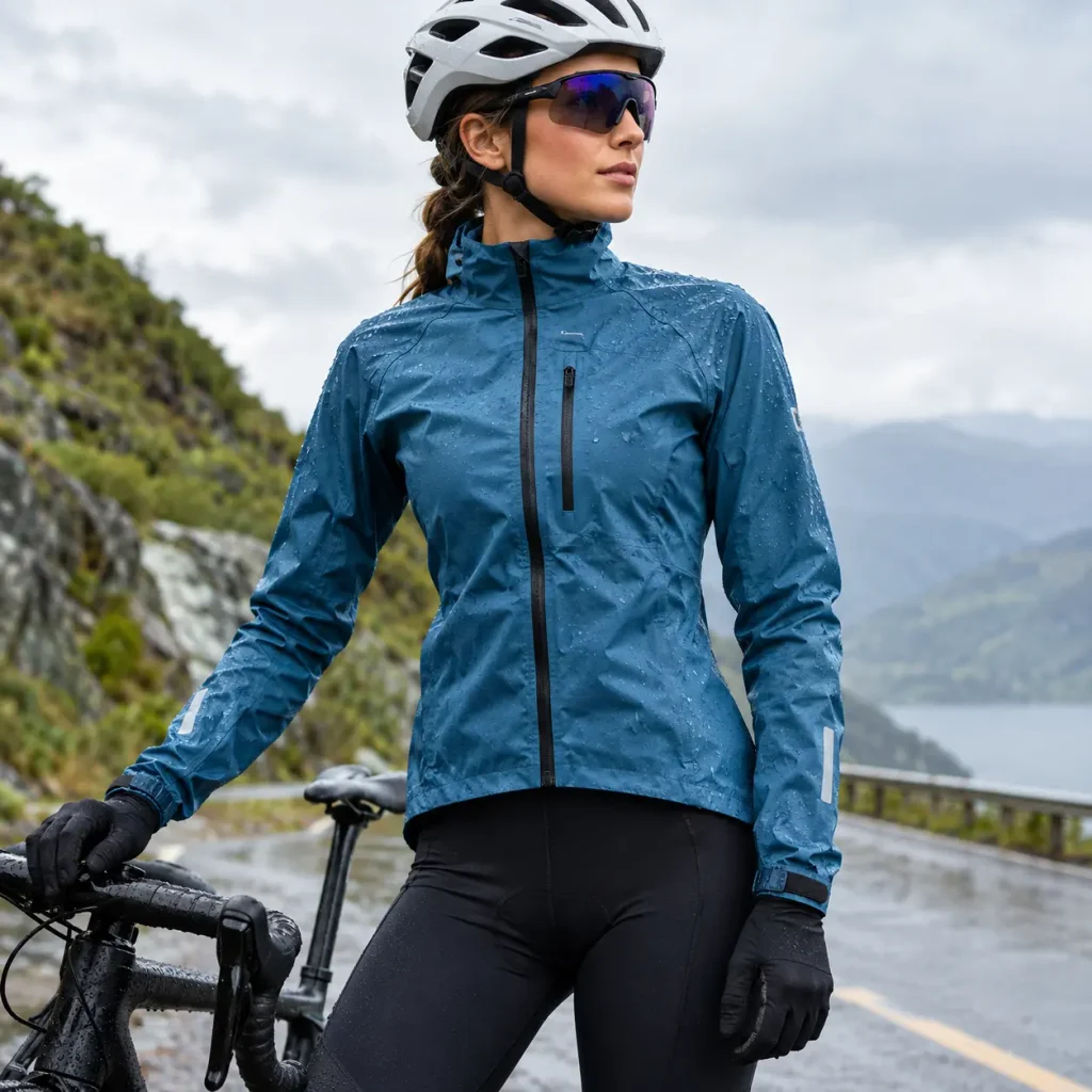 Woman wearing a wind and rain-resistant cycling jacket on a wet mountain road