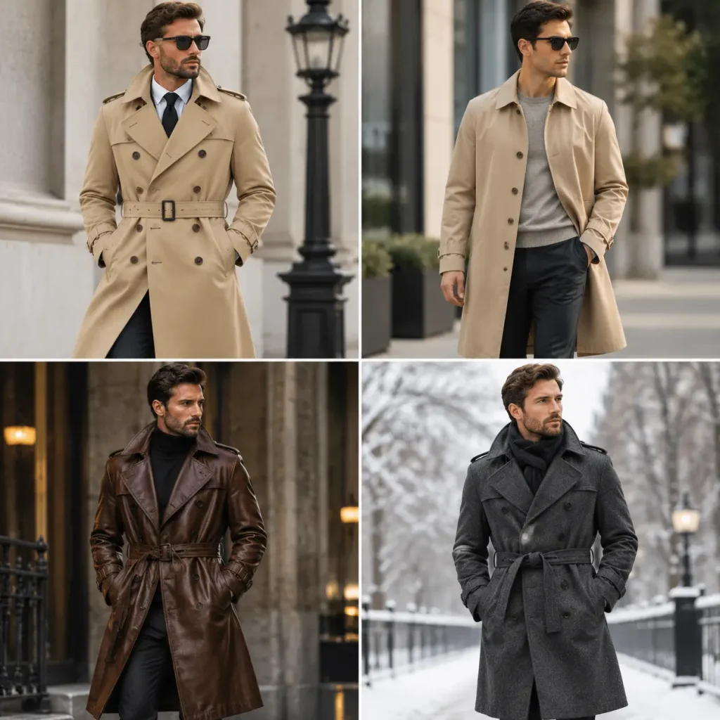 Warm wool trench coat for winter fashion with a man wearing a grey overcoat in a snowy city environment