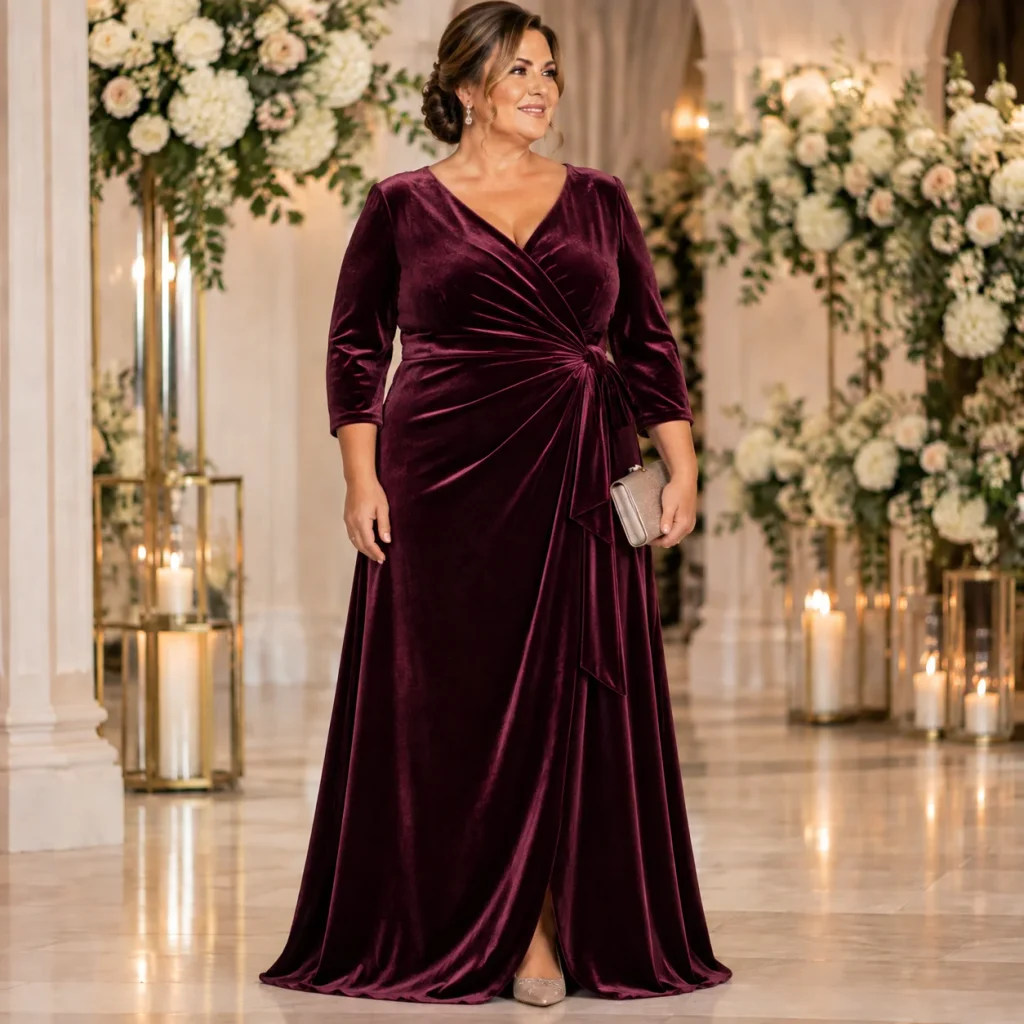 Plus size mother of the bride in a luxurious burgundy velvet wrap dress