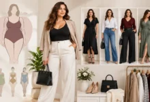 Apple body shape outfit ideas featuring stylish dresses, blazers, jeans, and chic fashion looks for women