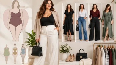 Apple body shape outfit ideas featuring stylish dresses, blazers, jeans, and chic fashion looks for women