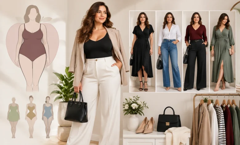 Apple body shape outfit ideas featuring stylish dresses, blazers, jeans, and chic fashion looks for women