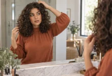 Woman checking the shape of her freshly cut natural curls in a mirror at home