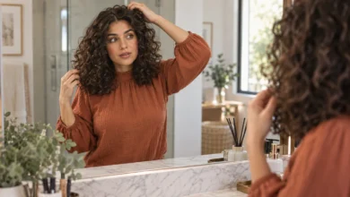Woman checking the shape of her freshly cut natural curls in a mirror at home