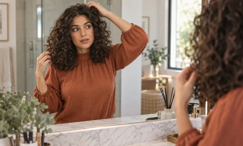 Woman checking the shape of her freshly cut natural curls in a mirror at home