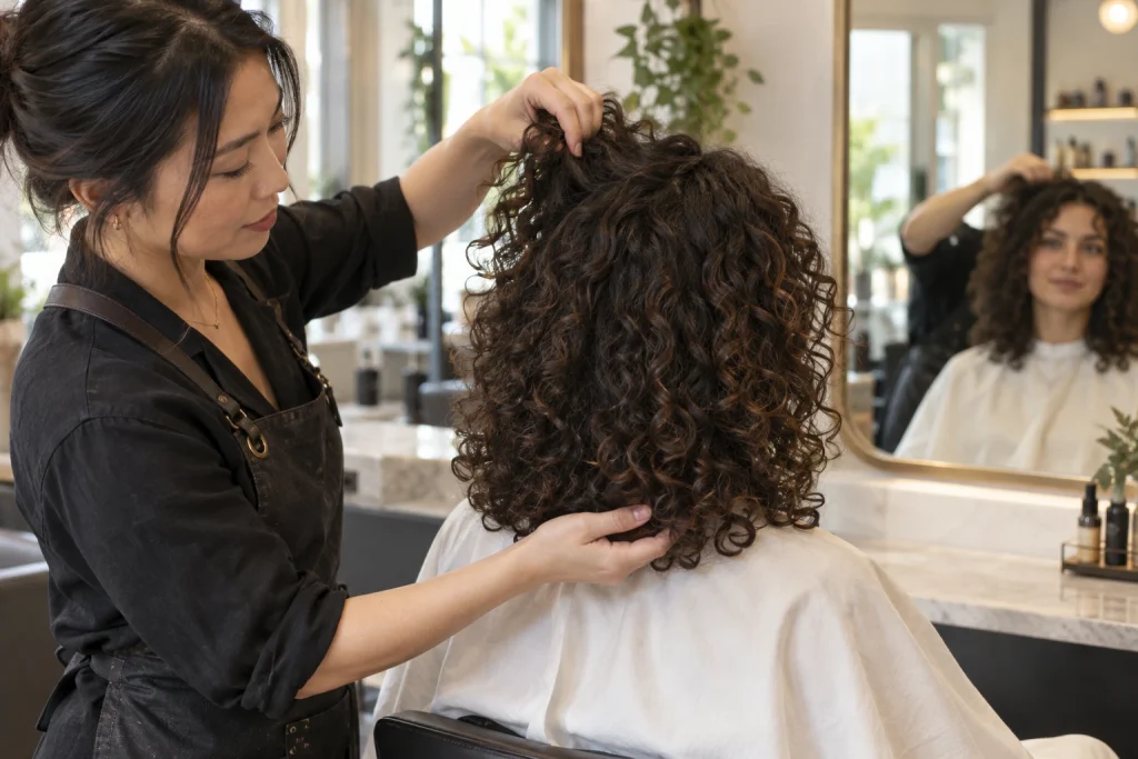Curl stylist lifting dry curls at the crown and perimeter to assess the haircut shape
