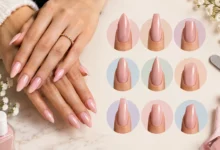 Different nail shapes including almond, coffin, square, oval, stiletto, round, ballerina, squoval, and lipstick nails