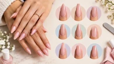 Different nail shapes including almond, coffin, square, oval, stiletto, round, ballerina, squoval, and lipstick nails
