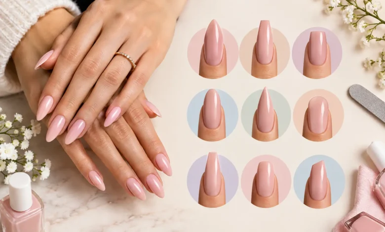 Different nail shapes including almond, coffin, square, oval, stiletto, round, ballerina, squoval, and lipstick nails