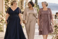 Plus size Mother of the Bride wearing an elegant formal gown at a wedding celebration