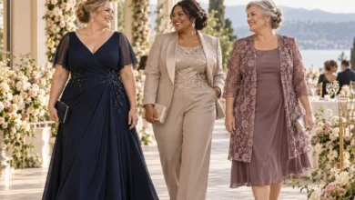 Plus size Mother of the Bride wearing an elegant formal gown at a wedding celebration