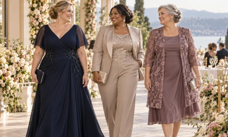 Plus size Mother of the Bride wearing an elegant formal gown at a wedding celebration