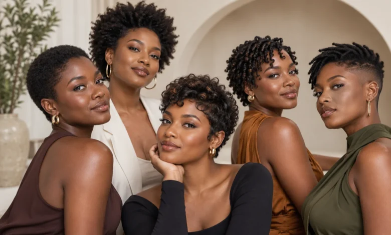 Short hairstyles for Black women featuring natural TWA, afro, pixie, bob, and curly styles