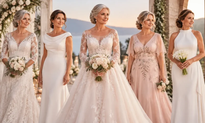 Beautiful wedding dresses for older women featuring classic lace and elegant details