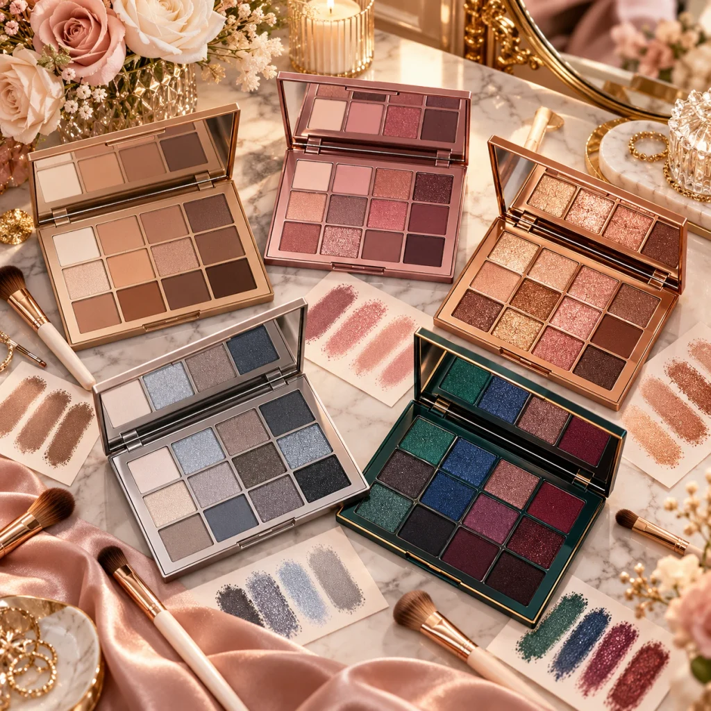Five beautiful eyeshadow palettes featuring everyday neutrals, rosy pinks, rose gold shimmers, cool tones, and bold jewel colors.