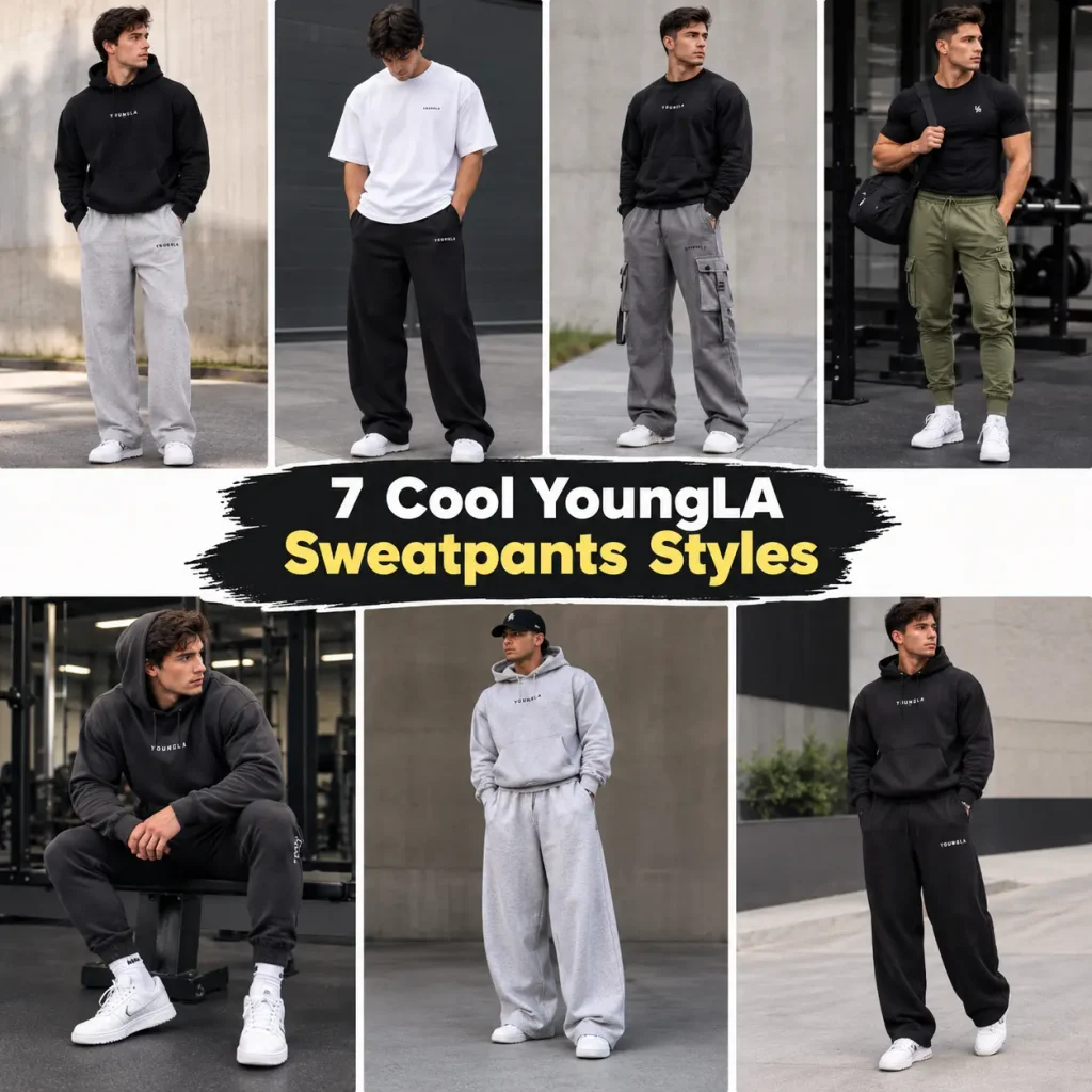 7 Cool YoungLA Sweatpants Styles featuring men's joggers, cargo sweatpants, relaxed baggy pants, and matching sets.