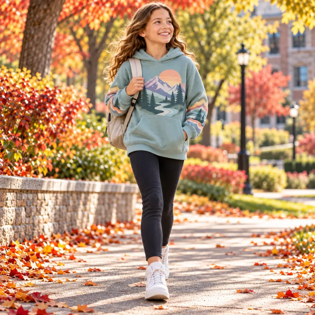 Girl wearing a colorful graphic hoodie with black leggings and white sneakers