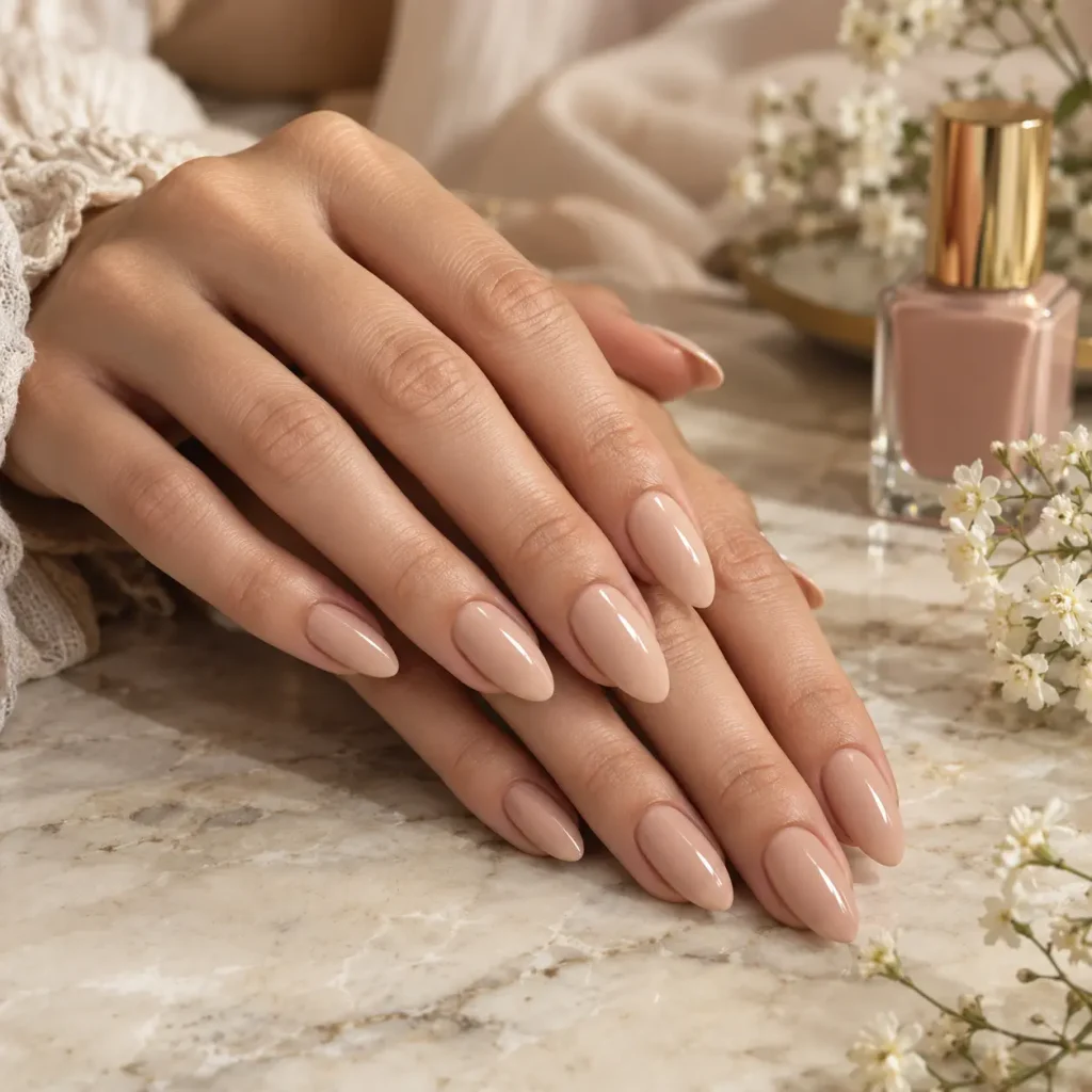 Elegant almond nude nails with a smooth glossy beige finish and naturally tapered tips