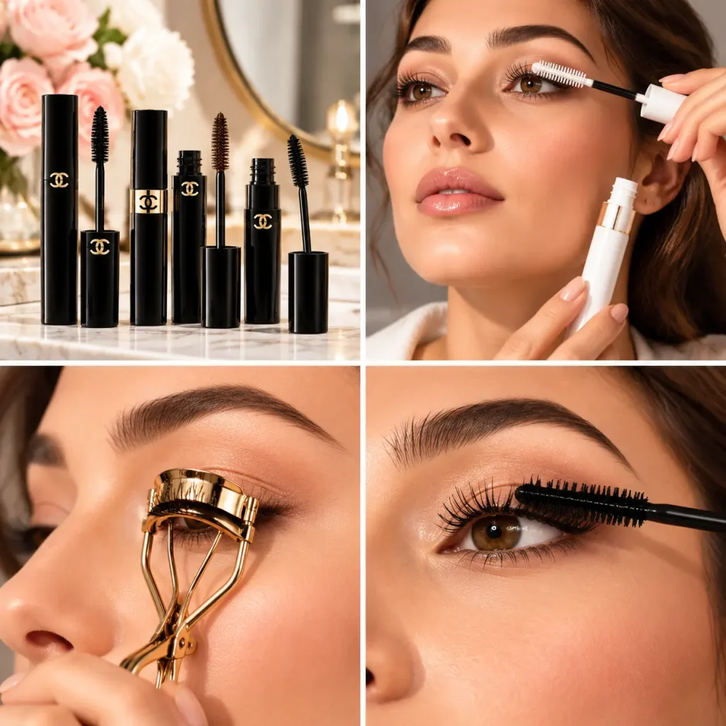 Applying black mascara from the roots to the tips of upper eyelashes in thin coats