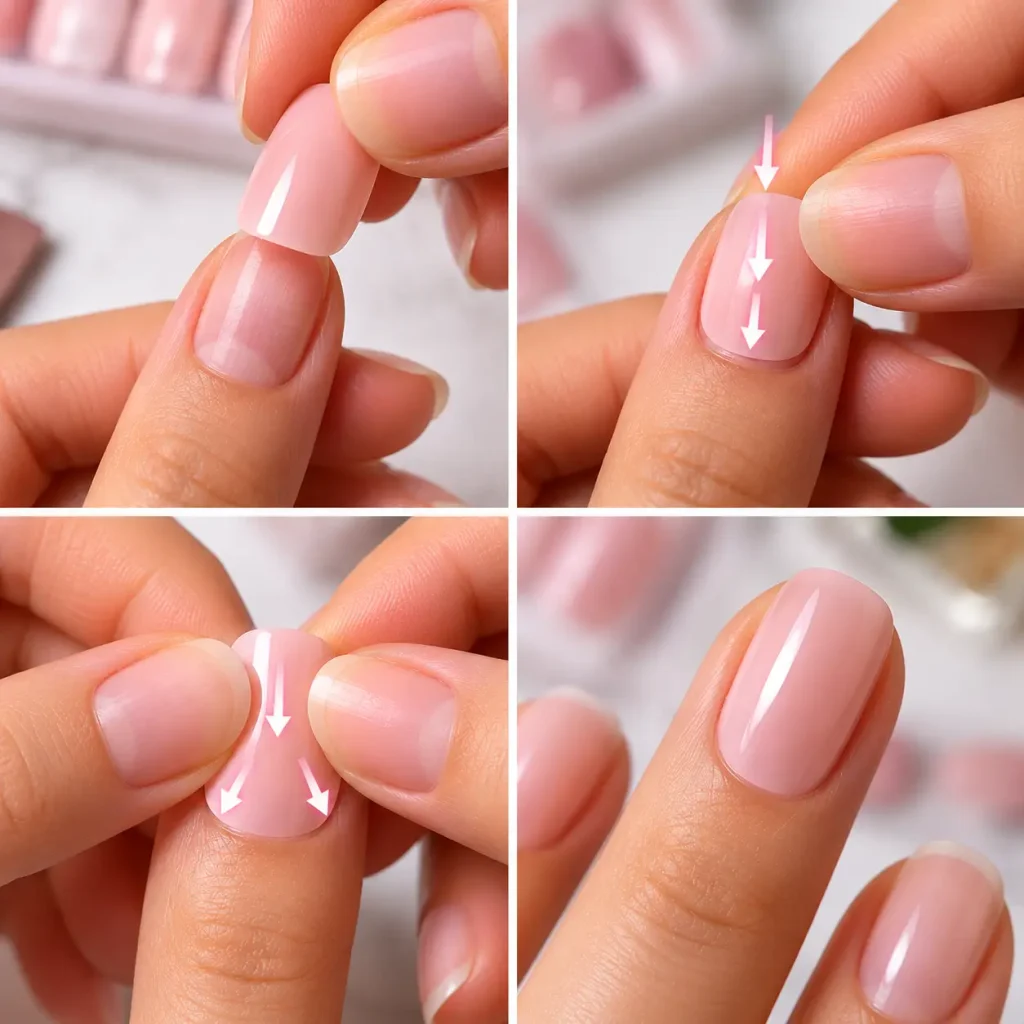 Step-by-step demonstration of applying a pink press-on nail and smoothing out air bubbles