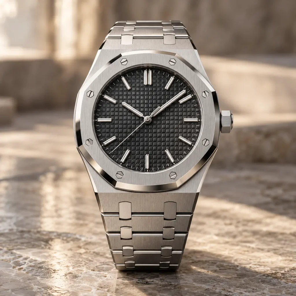 Audemars Piguet Royal Oak luxury stainless steel watch featuring an octagonal bezel, black textured dial, and integrated bracelet.