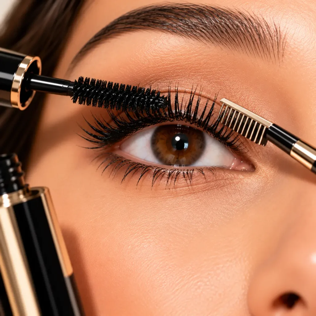 Separating eyelashes with a lash comb while applying mascara for a clump-free finish