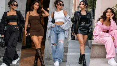 Five baddie style outfits featuring streetwear, crop tops, jeans, matching sets, and glam looks