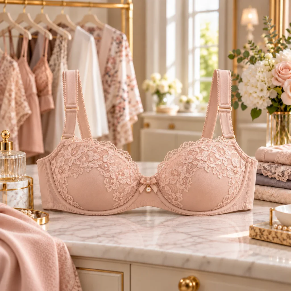 Blush lace balconette bra with lower cups and wide-set straps