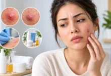 Woman examining painful cystic acne on her cheek, with close-up images of inflamed pimples, professional acne treatment, and skincare products.