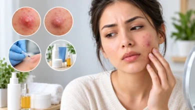 Woman examining painful cystic acne on her cheek, with close-up images of inflamed pimples, professional acne treatment, and skincare products.