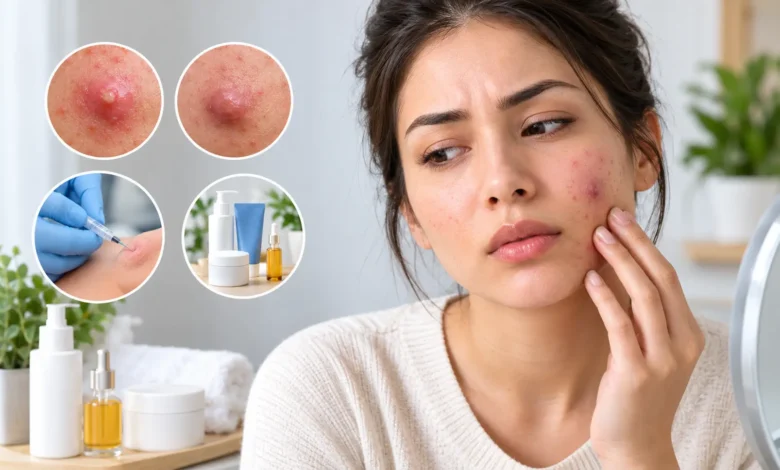 Woman examining painful cystic acne on her cheek, with close-up images of inflamed pimples, professional acne treatment, and skincare products.
