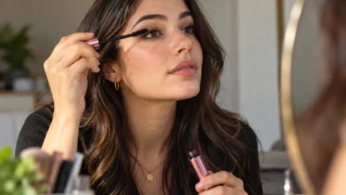 Woman applying best waterproof mascara with long, defined lashes and mascara products displayed against a blue water background