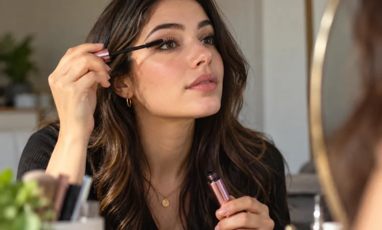 Woman applying best waterproof mascara with long, defined lashes and mascara products displayed against a blue water background