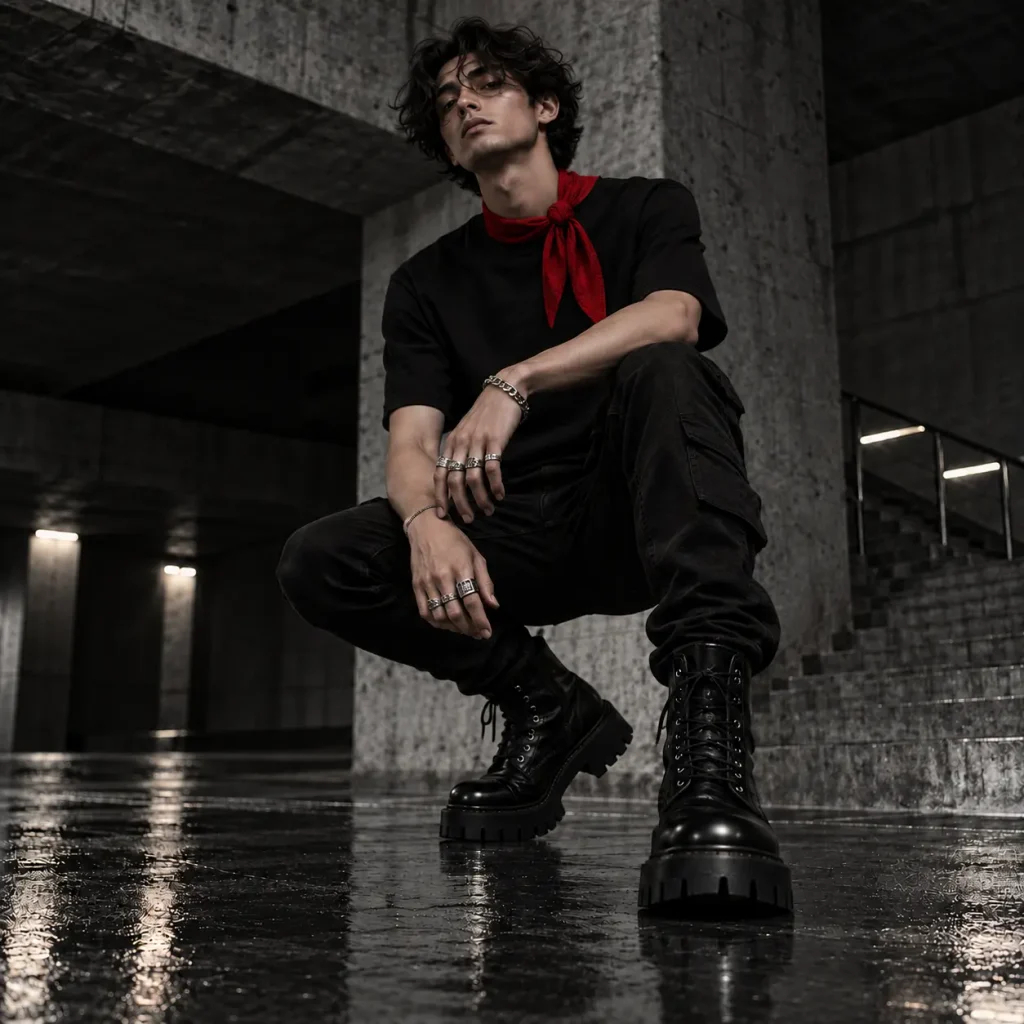 All-black Opium streetwear outfit with a blood-red scarf, silver rings and chunky black combat boots