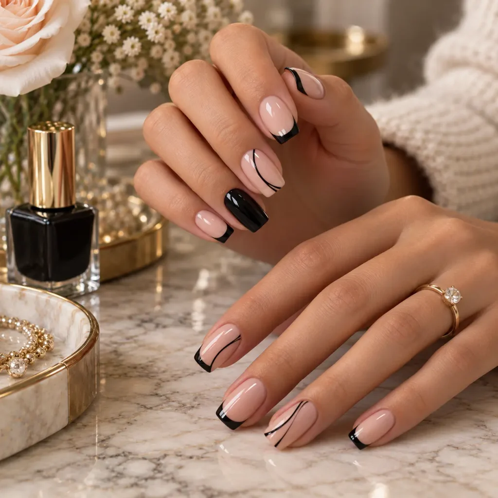 Stylish black and nude nails featuring black French tips, curved line art, and a black accent nail