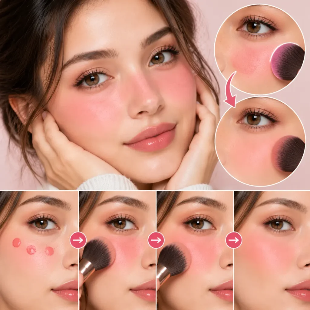 Step-by-step tutorial showing how to blend pink cream blush with a makeup brush for a seamless Igari makeup finish.
